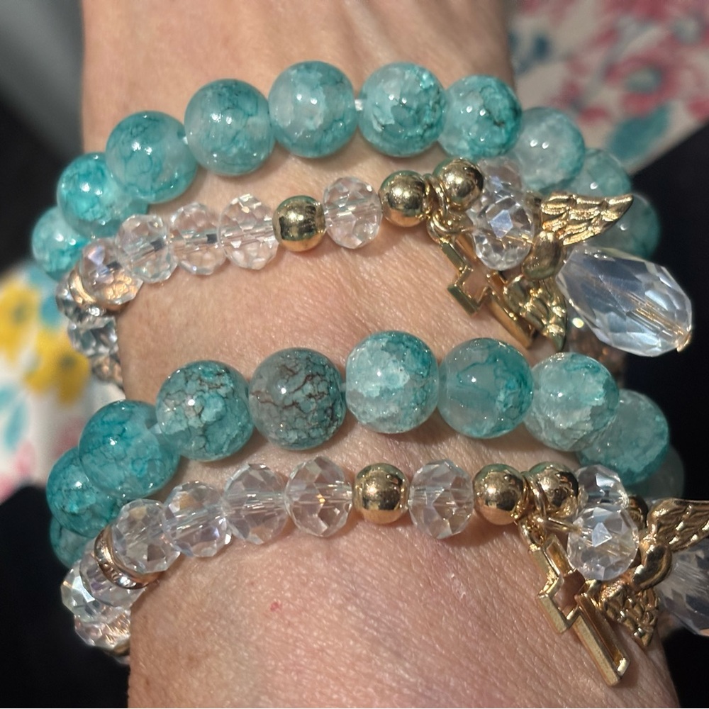 NEW GLASS AQUA CLEAR BEADED BRACELETS W/CROSSES & ANGELS CHARMS 4PC SET